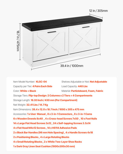 Entryway Shoe Storage Bench, 39.4 x 12.0 x 18.7 Inch Shoe Organizer with Flip Drawers, 440lbs Narrow Shoes Rack Bench with Cushion & Flip Doors, for Hallway, Living Room, Bedroom, Black + White