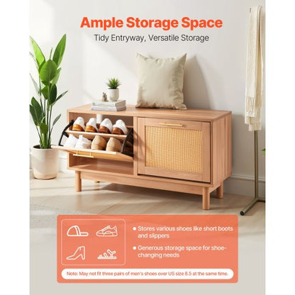 Skobänk för entrén, 1000 x 300 x 530 mm rottingliknande skobänk med 2 utfällbara lådor, skohylla 136 kg med 4 fack och 2 rottingdörrar, för hall, vardagsrum, sovrum |  EU