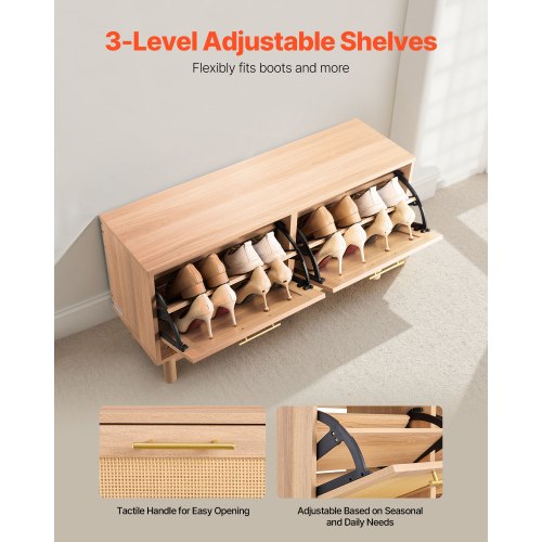 Skobänk för entrén, 1000 x 300 x 530 mm rottingliknande skobänk med 2 utfällbara lådor, skohylla 136 kg med 4 fack och 2 rottingdörrar, för hall, vardagsrum, sovrum |  EU