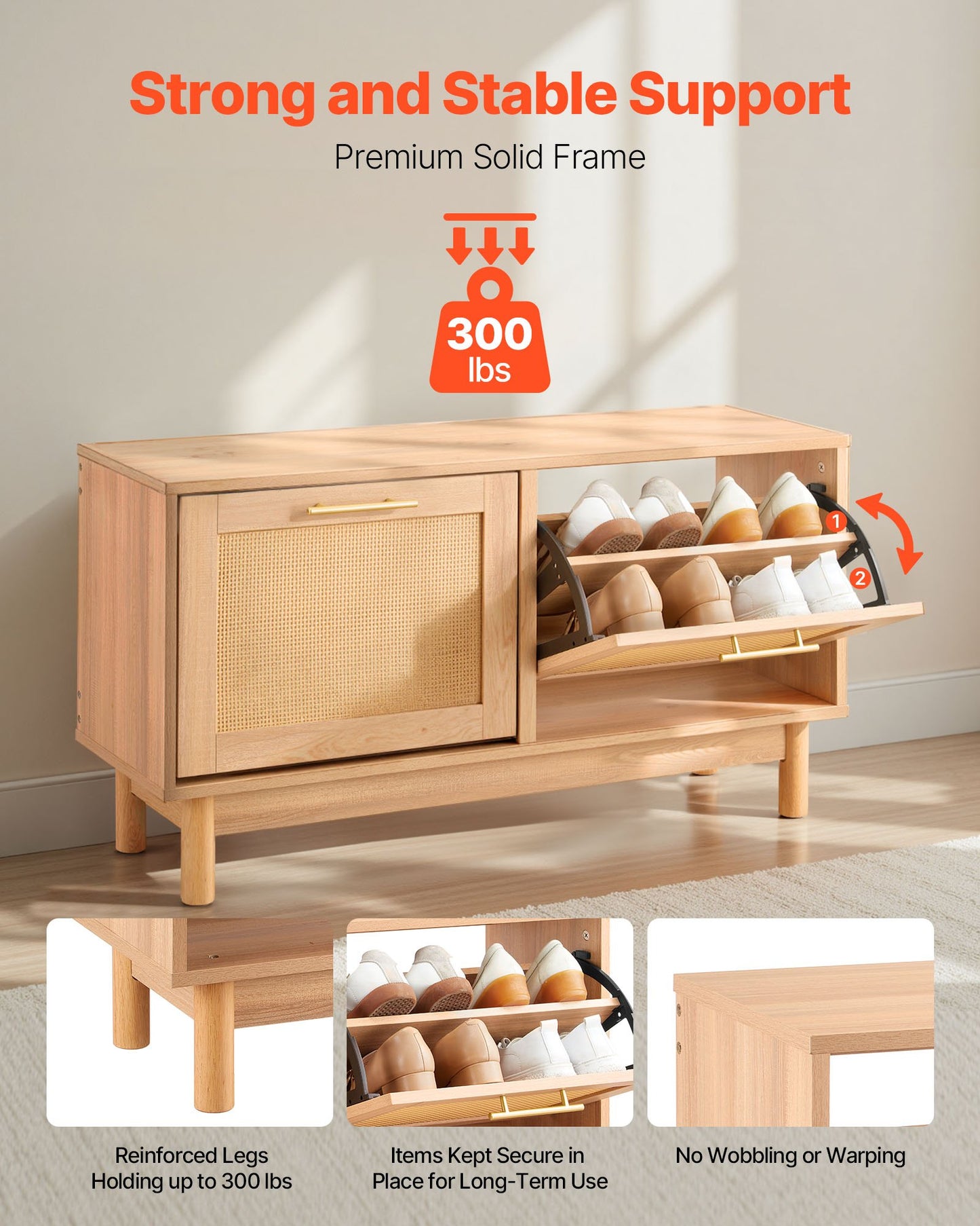 Entryway Shoe Bench, 39.4 x 11.8 x 20.9 Inch Rattan-Like Shoes Bench with 2 Flip Drawers, 300lbs Shoe Storage Rack with 4 Compartments and 2 Rattan Doors, for Hallway, Living Room, Bedroom