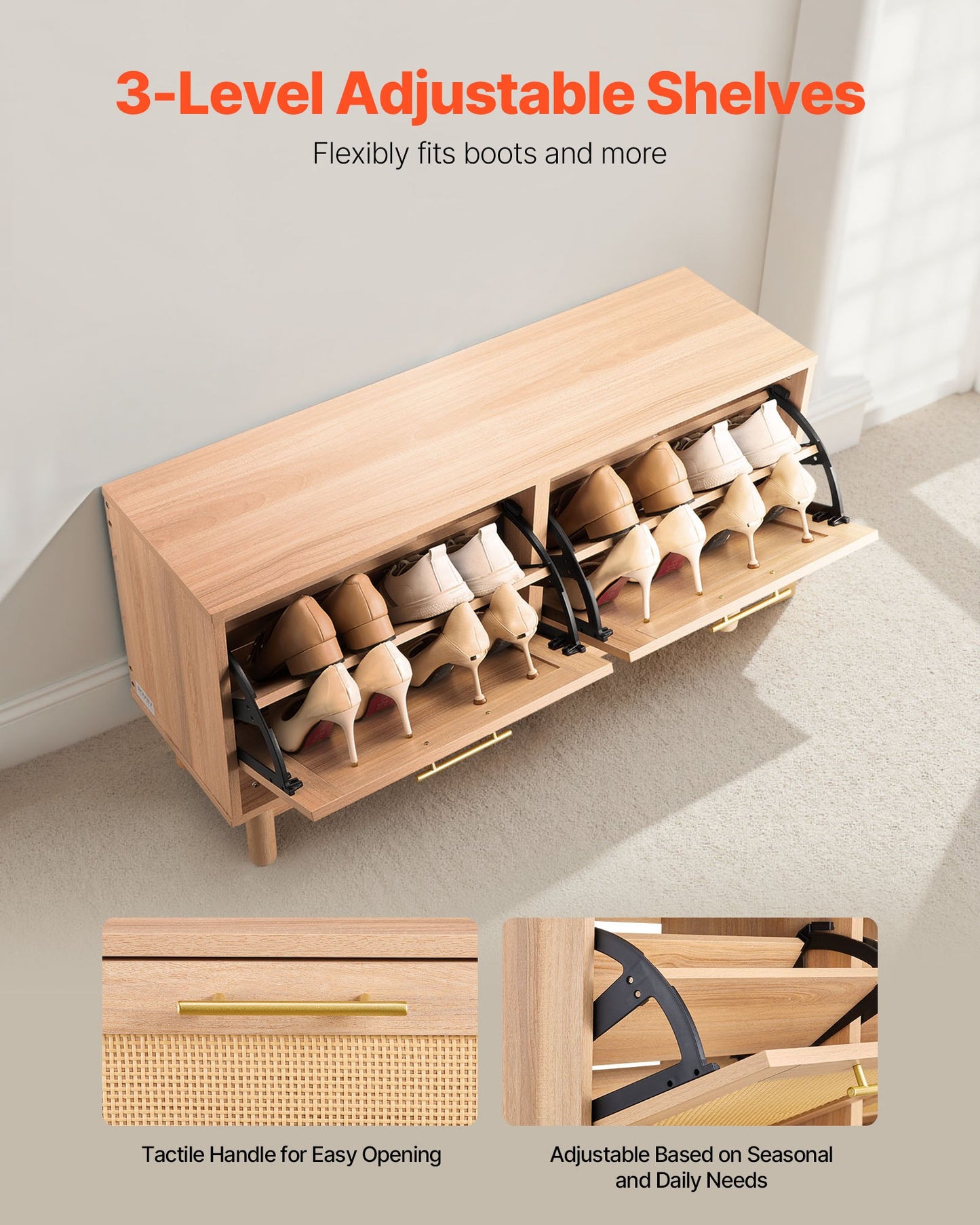 Entryway Shoe Bench, 39.4 x 11.8 x 20.9 Inch Rattan-Like Shoes Bench with 2 Flip Drawers, 300lbs Shoe Storage Rack with 4 Compartments and 2 Rattan Doors, for Hallway, Living Room, Bedroom