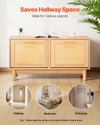 Entryway Shoe Bench, 39.4 x 11.8 x 20.9 Inch Rattan-Like Shoes Bench with 2 Flip Drawers, 300lbs Shoe Storage Rack with 4 Compartments and 2 Rattan Doors, for Hallway, Living Room, Bedroom