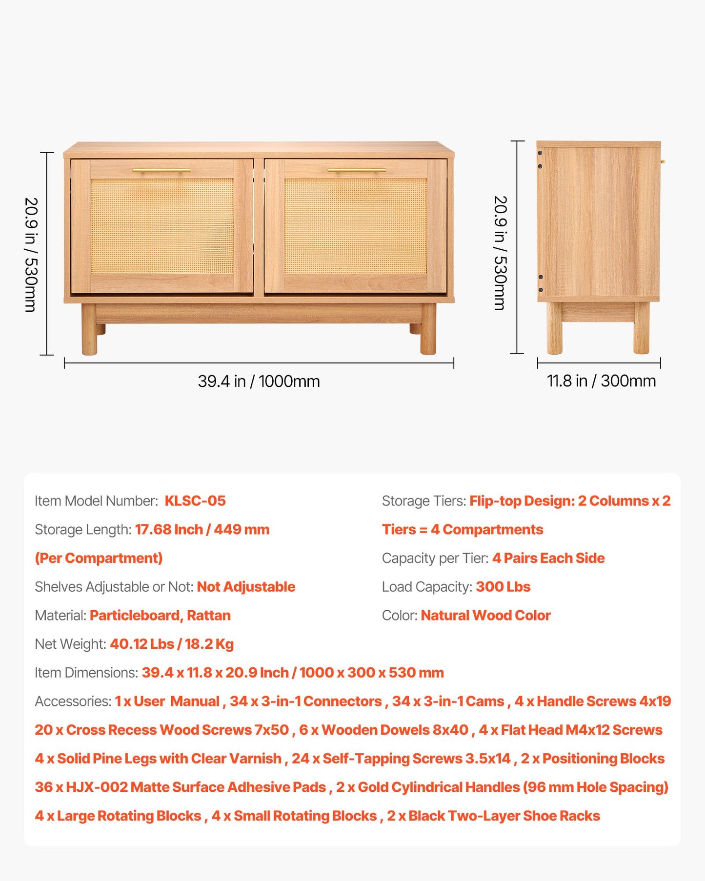 Entryway Shoe Bench, 39.4 x 11.8 x 20.9 Inch Rattan-Like Shoes Bench with 2 Flip Drawers, 300lbs Shoe Storage Rack with 4 Compartments and 2 Rattan Doors, for Hallway, Living Room, Bedroom