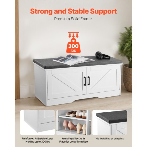 Skoförvaringsbänk, 1000 x 355 x 460 mm Skoorganisatör med stoppad sittdyna, Entrébänk med 2 ladugårdsdörrar och höjdjusterbar hylla, för hall, vardagsrum, sovrum, vit + svart |  EU