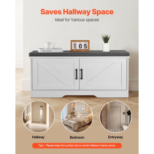 Skoförvaringsbänk, 1000 x 355 x 460 mm Skoorganisatör med stoppad sittdyna, Entrébänk med 2 ladugårdsdörrar och höjdjusterbar hylla, för hall, vardagsrum, sovrum, vit + svart |  EU