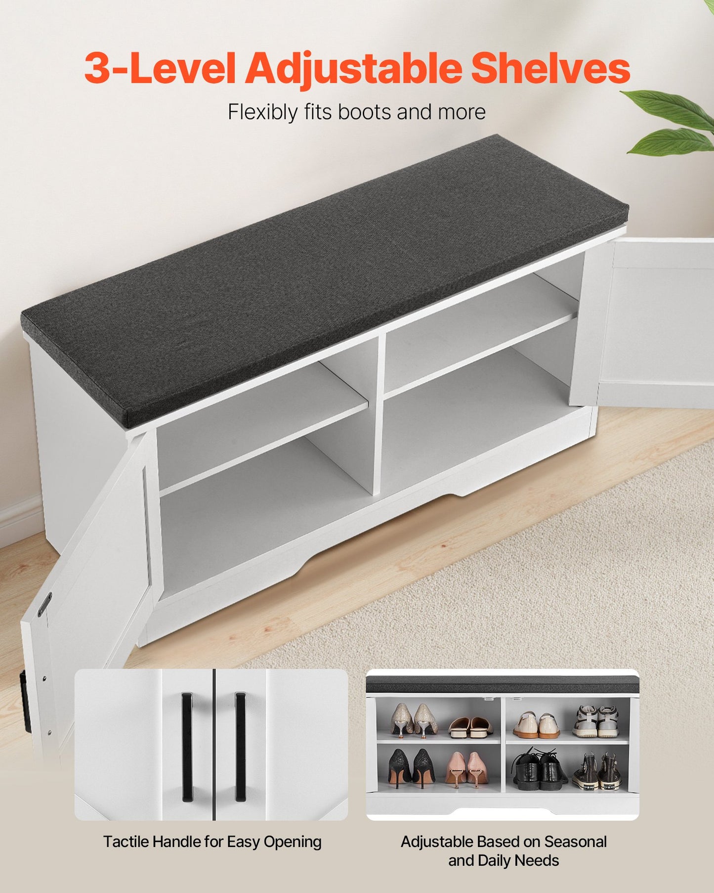 Shoe Storage Bench, 39.4 x 14.0 x 18.1 Inch Shoe Organizer with Padded Seat Cushion, Entryway Bench with 2 Barn Doors and Height Adjustable Shelf, for Hallway, Living Room, Bedroom, White+Black