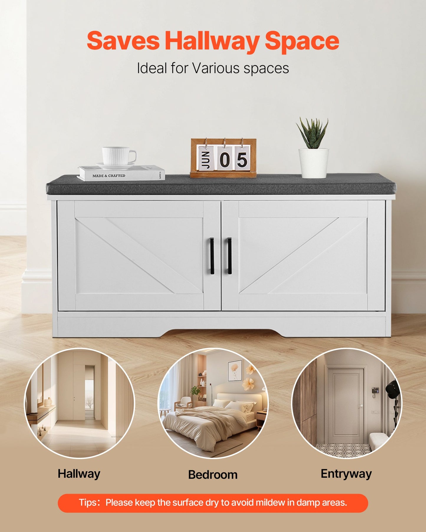 Shoe Storage Bench, 39.4 x 14.0 x 18.1 Inch Shoe Organizer with Padded Seat Cushion, Entryway Bench with 2 Barn Doors and Height Adjustable Shelf, for Hallway, Living Room, Bedroom, White+Black