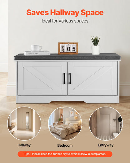 Shoe Storage Bench, 39.4 x 14.0 x 18.1 Inch Shoe Organizer with Padded Seat Cushion, Entryway Bench with 2 Barn Doors and Height Adjustable Shelf, for Hallway, Living Room, Bedroom, White+Black