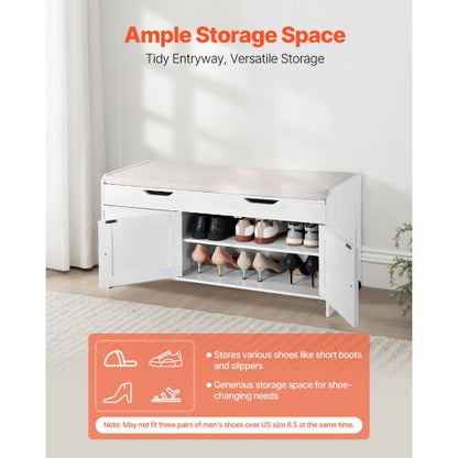 Skobänk, 1050 x 350 x 503 mm Entrébänk med lyftbar förvaring och sittdyna, skohylla för 112 kg med 3 skåp och höjdjusterbar hylla, för sovrum, hall, vit + svart |  EU
