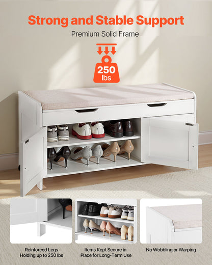 Shoe Bench, 41.3 x 13.8 x 19.8 Inch Entryway Bench with Lift Top Storage and Seat Cushion, 250lbs Shoe Rack with 3 Cabinets and Height Adjustable Shelf, for Bedroom, Hallway, White + Black