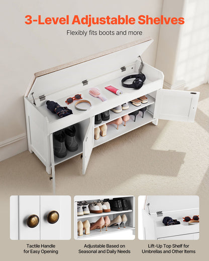 Shoe Bench, 41.3 x 13.8 x 19.8 Inch Entryway Bench with Lift Top Storage and Seat Cushion, 250lbs Shoe Rack with 3 Cabinets and Height Adjustable Shelf, for Bedroom, Hallway, White + Black