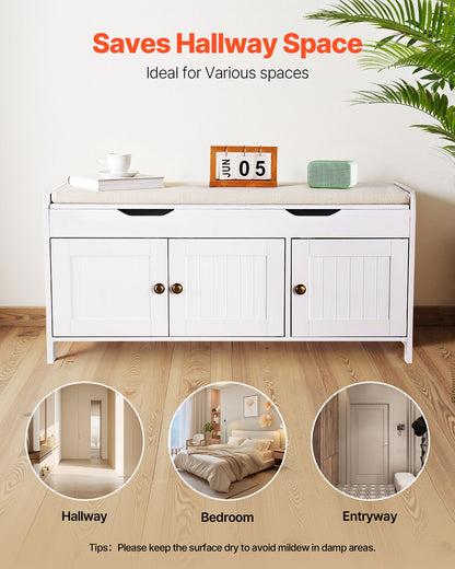 Shoe Bench, 41.3 x 13.8 x 19.8 Inch Entryway Bench with Lift Top Storage and Seat Cushion, 250lbs Shoe Rack with 3 Cabinets and Height Adjustable Shelf, for Bedroom, Hallway, White + Black