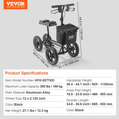 Folding Knee Scooter, Aluminum Steerable Knee Walker with Height-Adjustable Handlebar & Knee Pad, 12" All-Terrain Wheels, Dual Brakes, Leg Recovery Scooter for Broken Ankle Foot Injuries, 350LBS