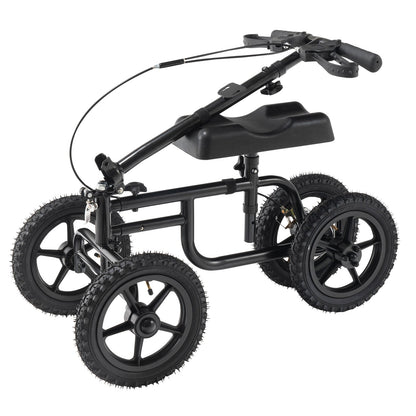 Folding Knä Scooter, Kolstål Styrbar Knee Walker med höjdjusterbart styre och knäskydd, 12" terränghjul, dubbla bromsar, benåterställningsskoter för skadad fotled, fotknä, 350 LBS