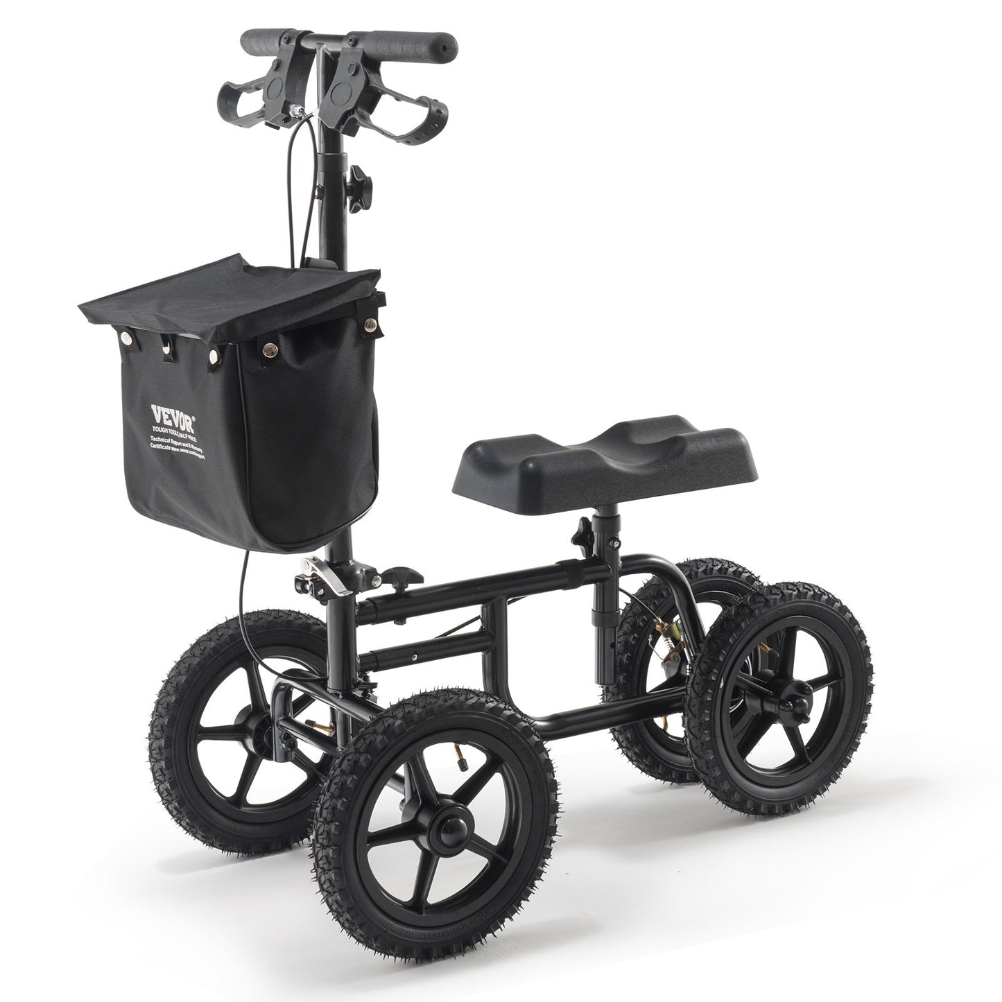 Folding Knä Scooter, Kolstål Styrbar Knee Walker med höjdjusterbart styre och knäskydd, 12" terränghjul, dubbla bromsar, benåterställningsskoter för skadad fotled, fotknä, 350 LBS