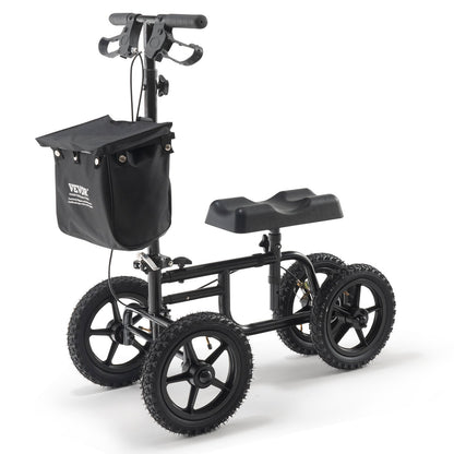 Folding Knä Scooter, Kolstål Styrbar Knee Walker med höjdjusterbart styre och knäskydd, 12" terränghjul, dubbla bromsar, benåterställningsskoter för skadad fotled, fotknä, 350 LBS