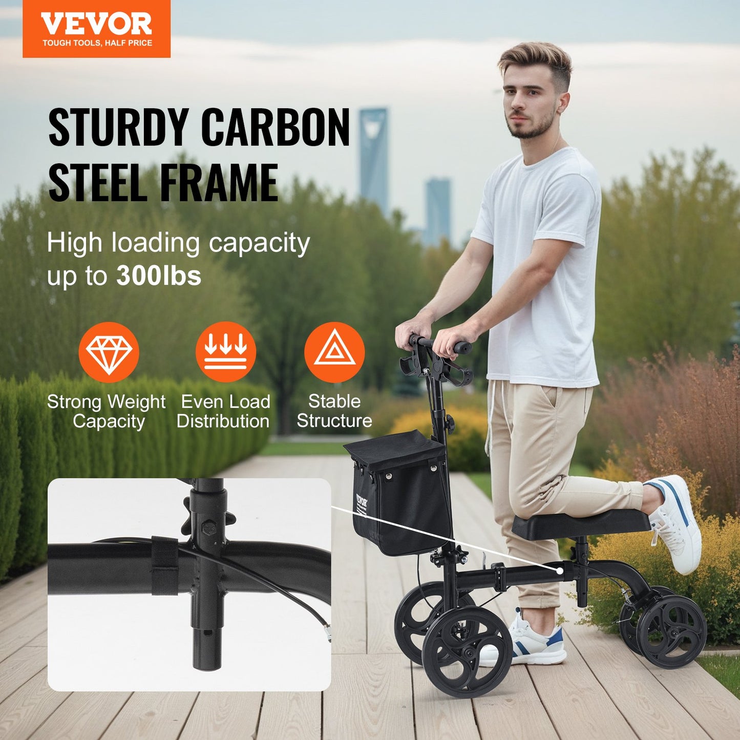 Folding Knee Scooter, Carbon Steel Steerable Knee Walker with Height Adjustable Handlebar &amp; Knee Pads, All-Terrain Wheels, Dual Brakes, Leg Recovery Scooter for Broken Ankle Foot Injuries