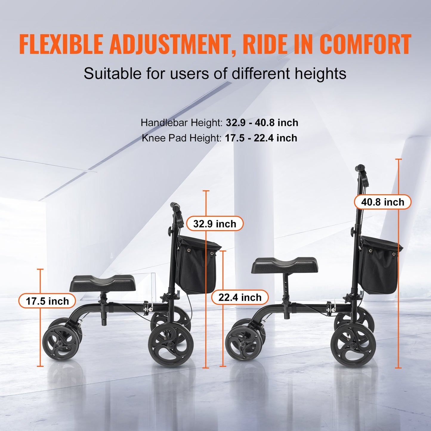 Folding Knee Scooter, Carbon Steel Steerable Knee Walker with Height Adjustable Handlebar &amp; Knee Pads, All-Terrain Wheels, Dual Brakes, Leg Recovery Scooter for Broken Ankle Foot Injuries