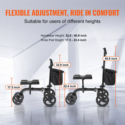 Folding Knee Scooter, Carbon Steel Steerable Knee Walker with Height Adjustable Handlebar &amp; Knee Pads, All-Terrain Wheels, Dual Brakes, Leg Recovery Scooter for Broken Ankle Foot Injuries