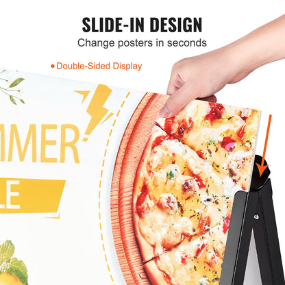 A Frame Trottoarskylt, 24x36 tums tunga skylthållare med inskjutbar skylt, dubbelsidiga vikbara smörgåsskyltar, trottoarskylt i stål för gatuannonsering utomhus (endast ram)