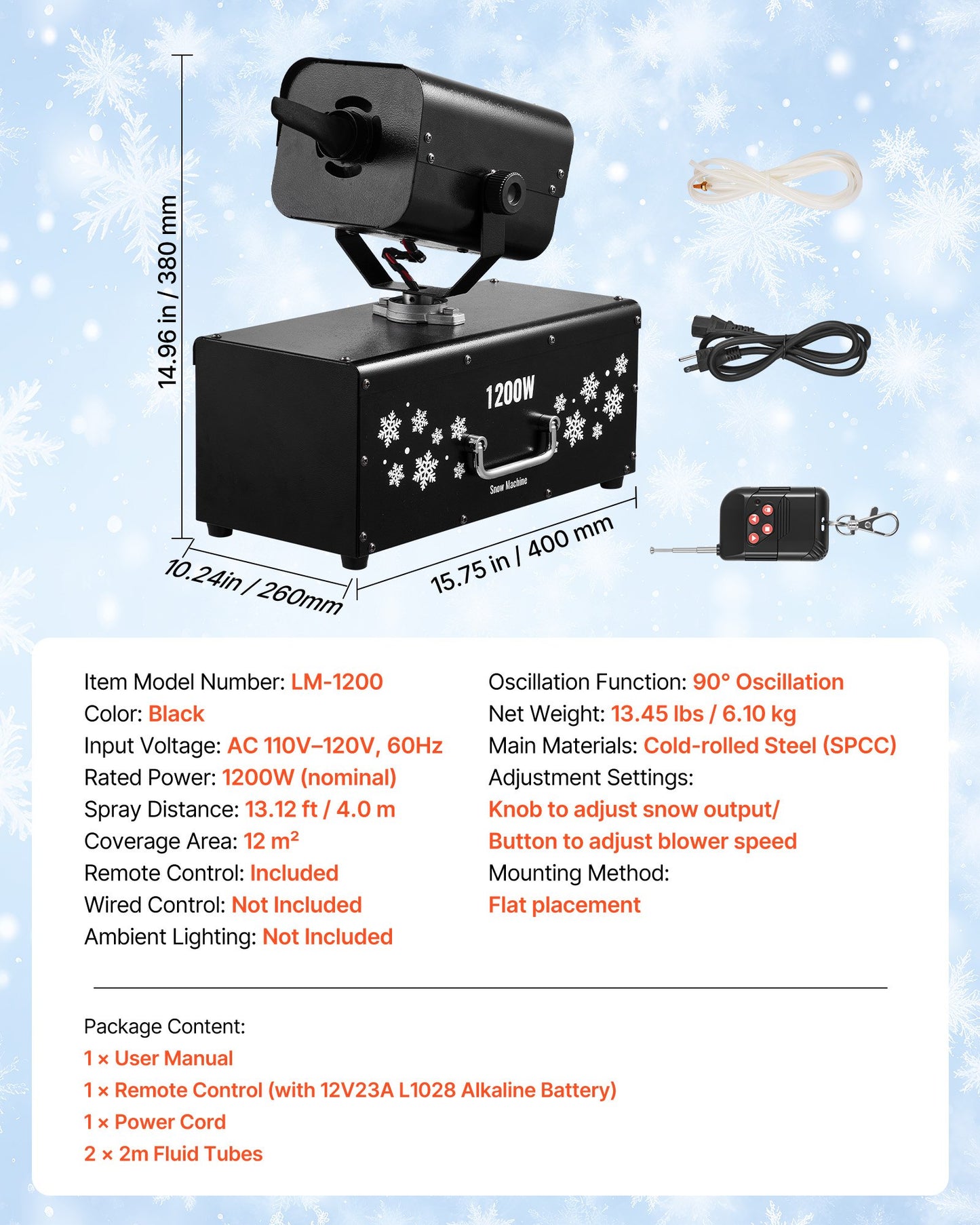 Snow Machine, 1200W 90° Shaking Head Snow Maker with Wireless Remote Control, High Output Snowmaking Machine Coverage up to 12 ㎡ for Christmas Wedding Parties Stage Snowflake Effect