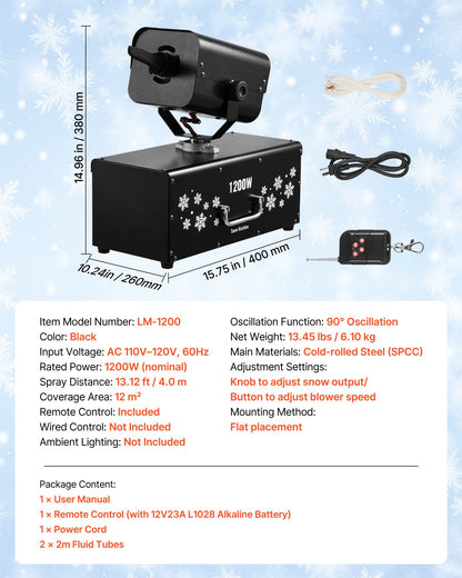 Snow Machine, 1200W 90° Shaking Head Snow Maker with Wireless Remote Control, High Output Snowmaking Machine Coverage up to 12 ㎡ for Christmas Wedding Parties Stage Snowflake Effect