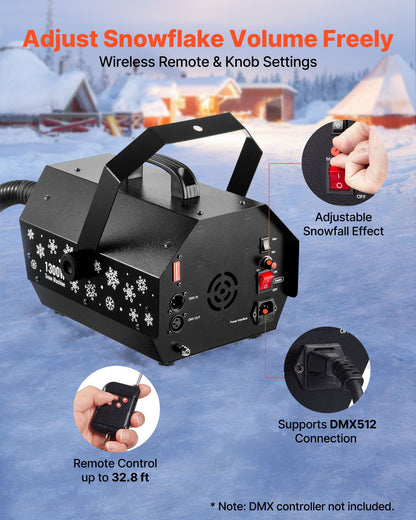 Snow Machine, 1300W Super Silent Snow Maker, Portable Wireless Remote Control Snowmaking Machine, Outdoor & Indoor Snowflake Maker for Xmas Party Wedding Stages Mall Snowflake Effects Decor