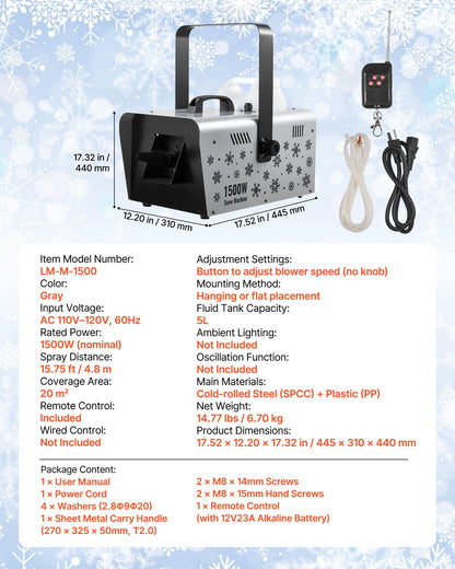 Snow Machine, 1500W Handheld/Hanging Snow Maker By Wireless Remote Control, Portable Snowmaking Machine, High Output Snowflake Maker with 5L Tank for Christmas Party Wedding Stage Effects