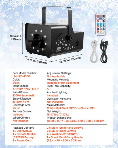 1500W Snow Machine with RGB DMX512 Signal Control, 9 LED Lights, Wireless Remote, High Output Snowflake Machine with 5L Tank, Portable DJ Stage Snow Maker for Christmas Parties Stage Effects