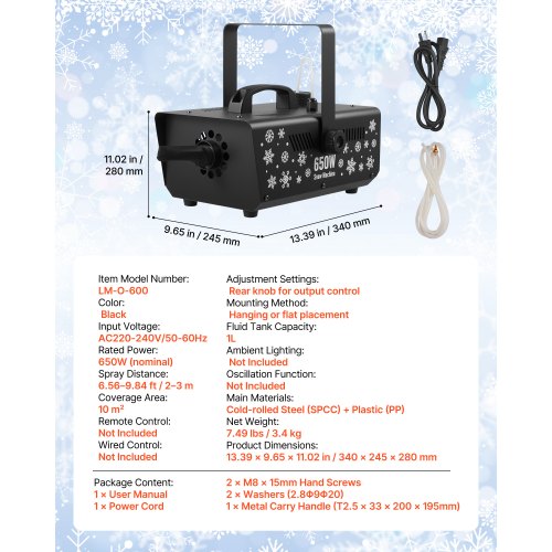 snömaskin, kraftfull 650W handhållen/hängande konstgjord snömaskin, snöflingemaskin med bärbart handtag, konstgjord snöflingemaskin för utomhus- och inomhusbruk för högtider, DJ-fester, juldekorationer |  EU