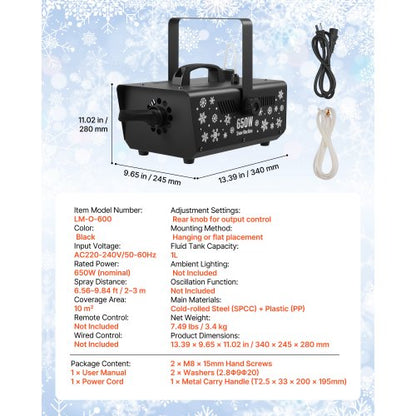 snömaskin, kraftfull 650W handhållen/hängande konstgjord snömaskin, snöflingemaskin med bärbart handtag, konstgjord snöflingemaskin för utomhus- och inomhusbruk för högtider, DJ-fester, juldekorationer |  EU