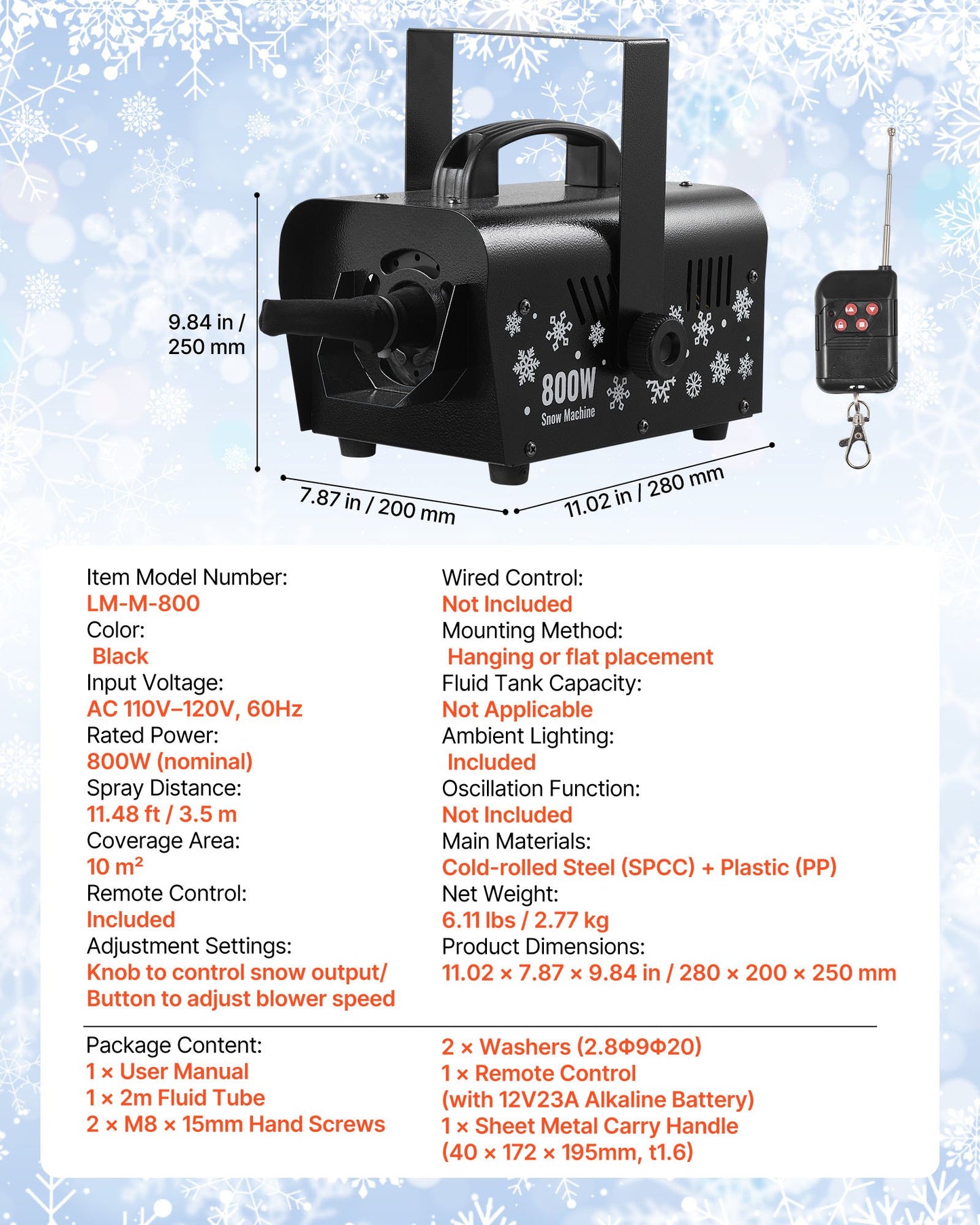 Snow Machine, 800W Handheld/Hanging Snow Maker, Portable Wireless Remote Snowmaking machine with 1L Tank & Handle, Outdoor & Indoor Snowflake Maker for Christmas Party Stage Effect