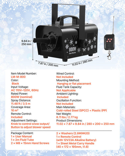 Snow Machine, 800W Handheld/Hanging Snow Maker, Portable Wireless Remote Snowmaking machine with 1L Tank & Handle, Outdoor & Indoor Snowflake Maker for Christmas Party Stage Effect