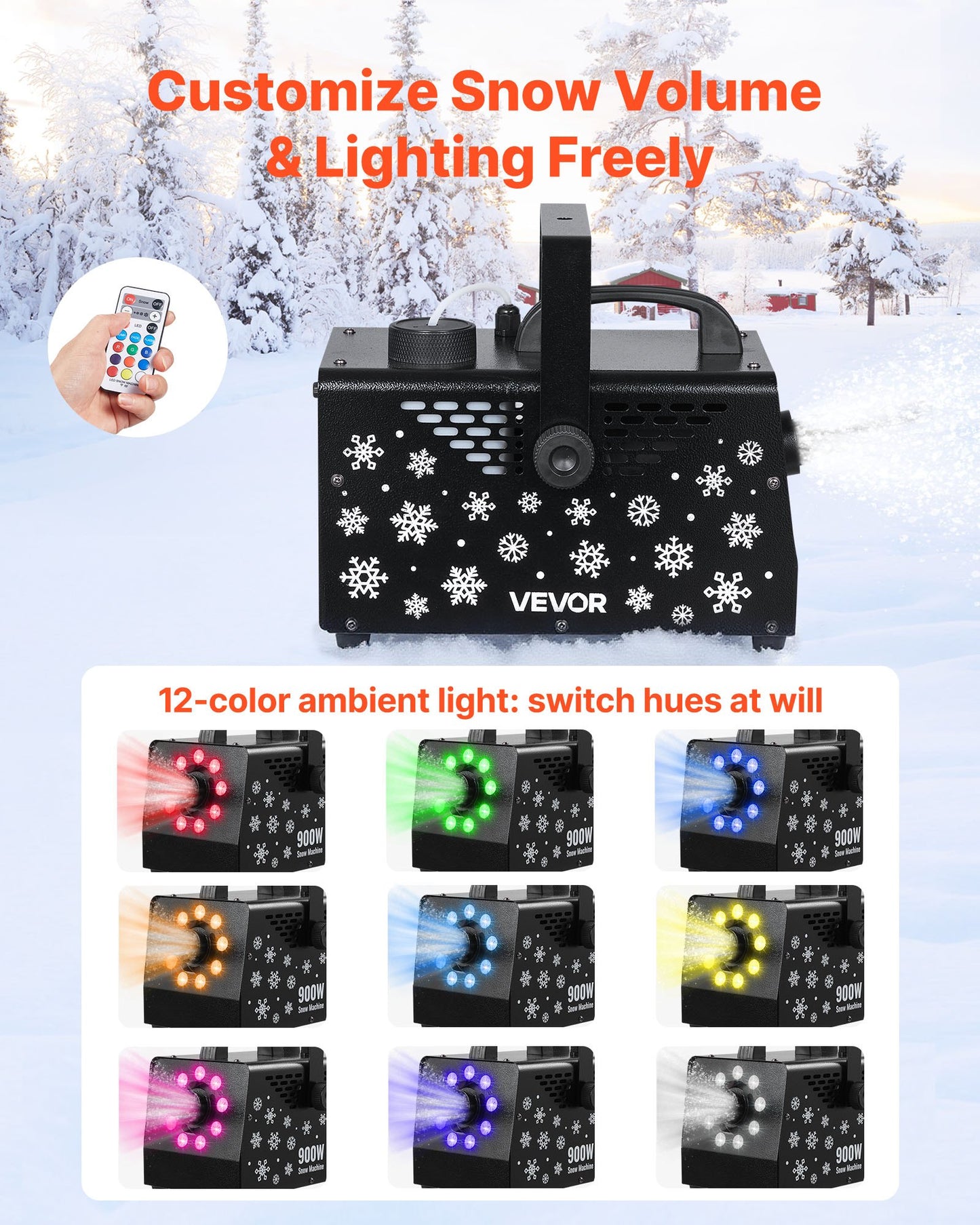 900W Snow Machine with 9 LED RGB Lights, 12 LED Lighting Colors, and Wireless Remote, Handheld/Hanging Outdoor Snowflake Machine Fake Snow Machines with 1L Tank for Christmas Party