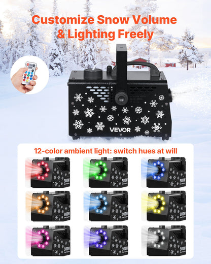 900W Snow Machine with 9 LED RGB Lights, 12 LED Lighting Colors, and Wireless Remote, Handheld/Hanging Outdoor Snowflake Machine Fake Snow Machines with 1L Tank for Christmas Party