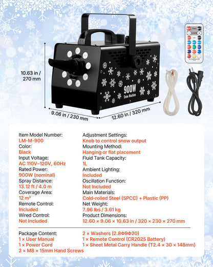 900W Snow Machine with 9 LED RGB Lights, 12 LED Lighting Colors, and Wireless Remote, Handheld/Hanging Outdoor Snowflake Machine Fake Snow Machines with 1L Tank for Christmas Party