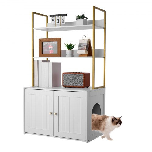 Cat Litter Box Enclosure Furniture, 27.6 in Hidden Litter Box Cabinet with Metal Legs & 2-Tier Storage Shelves, Waterproof Cat Washroom Cat House, Fit Most of Litterbox, for Living Room