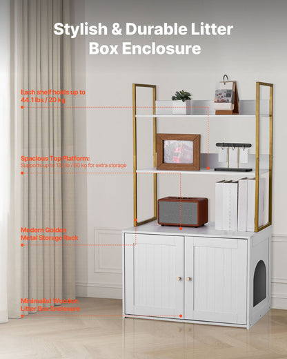 Cat Litter Box Enclosure Furniture, 27.6 in Hidden Litter Box Cabinet with Metal Legs & 2-Tier Storage Shelves, Waterproof Cat Washroom Cat House, Fit Most of Litterbox, for Living Room