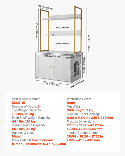 Cat Litter Box Enclosure Furniture, 27.6 in Hidden Litter Box Cabinet with Metal Legs & 2-Tier Storage Shelves, Waterproof Cat Washroom Cat House, Fit Most of Litterbox, for Living Room