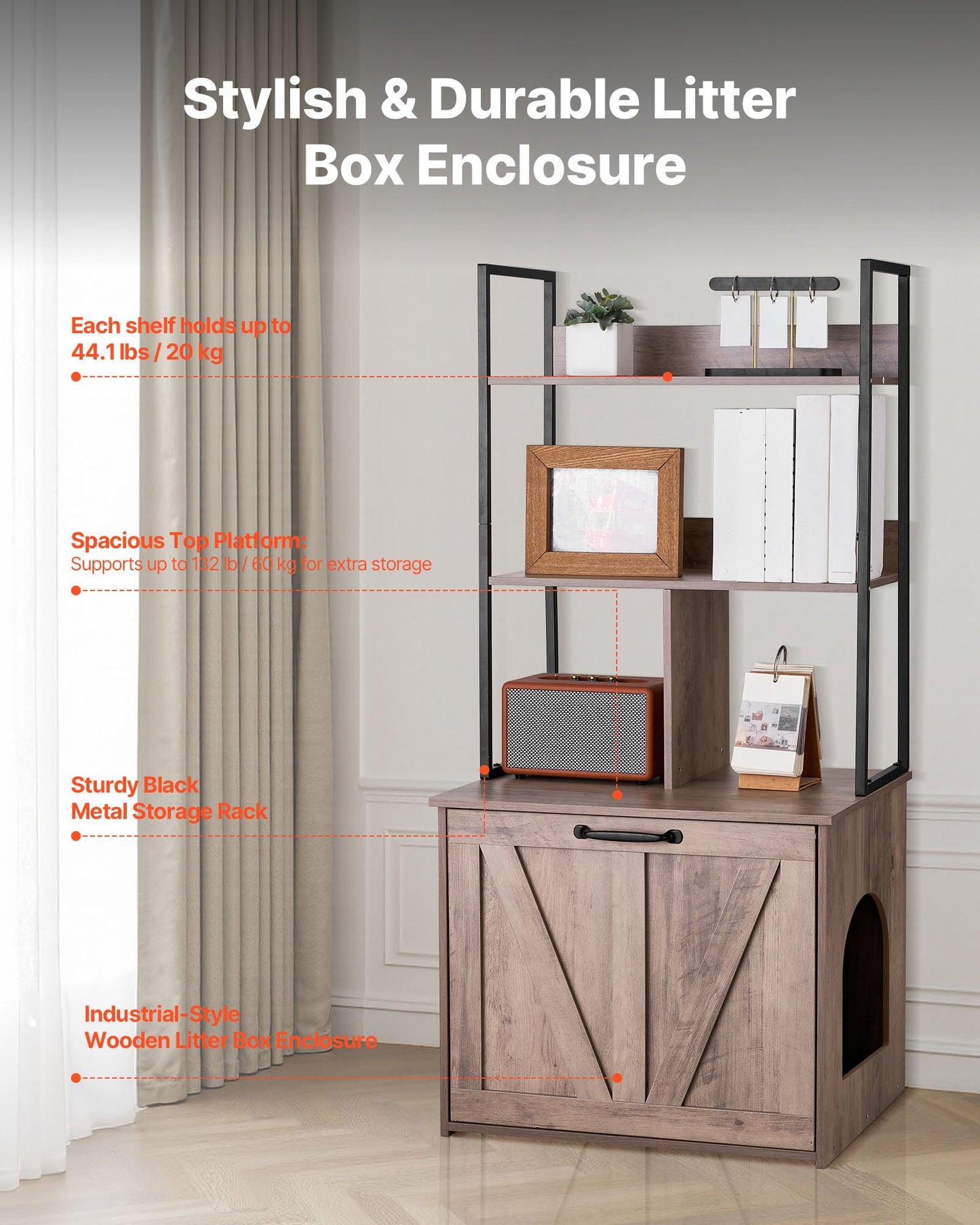 Cat Litter Box Enclosure Furniture, 23.6 in Hidden Litter Box Cabinet with Storage Shelves, Modern Style, Waterproof Cat Washroom Side Table Cat House, Fit Most of Litterbox, for Living Room