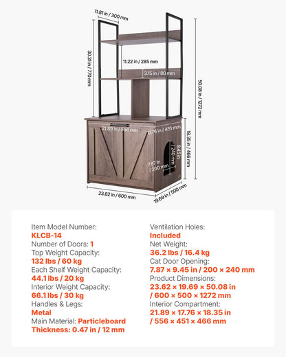 Cat Litter Box Enclosure Furniture, 23.6 in Hidden Litter Box Cabinet with Storage Shelves, Modern Style, Waterproof Cat Washroom Side Table Cat House, Fit Most of Litterbox, for Living Room