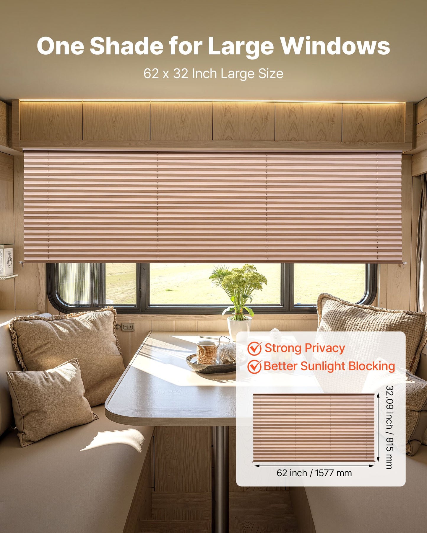 RV Blinds, 62 in x 32 in, RV Pleated Shades, Polyester Fabric, Easy to Clean and Install, Privacy Protection and Sunlight Blocking, for Camper, Travel Trailer, Motorhome Window, Cappuccino