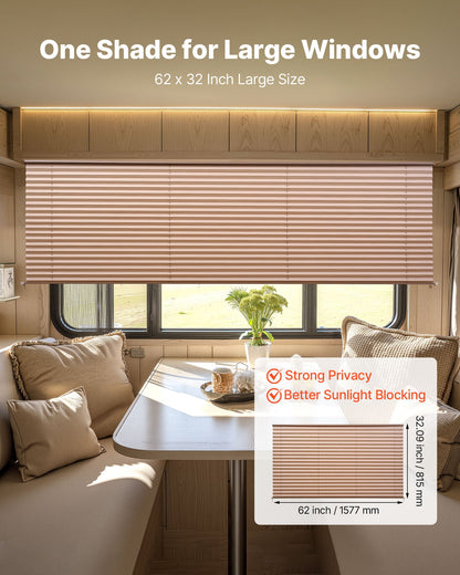 RV Blinds, 62 in x 32 in, RV Pleated Shades, Polyester Fabric, Easy to Clean and Install, Privacy Protection and Sunlight Blocking, for Camper, Travel Trailer, Motorhome Window, Cappuccino