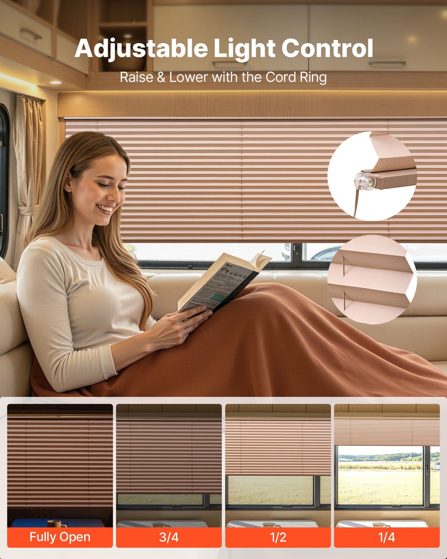 RV Blinds, 62 in x 32 in, RV Pleated Shades, Polyester Fabric, Easy to Clean and Install, Privacy Protection and Sunlight Blocking, for Camper, Travel Trailer, Motorhome Window, Cappuccino