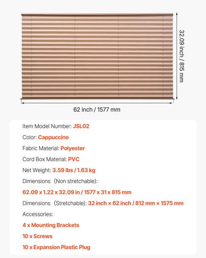 RV Blinds, 62 in x 32 in, RV Pleated Shades, Polyester Fabric, Easy to Clean and Install, Privacy Protection and Sunlight Blocking, for Camper, Travel Trailer, Motorhome Window, Cappuccino