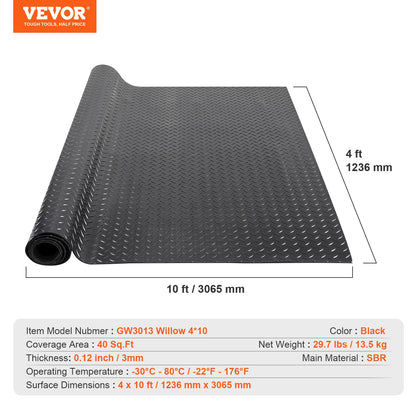 Diamond-Plate-Gummibodenrolle, 3 mm x 4 ft x 10 ft Garagenbodenmatte, SBR-Gummi-Garagenbodenrolle, leicht zu reinigen, Diamond-Plate-Gummimatte für unter Autos, Garagenindustrie-Fitnessstudio, schwarz