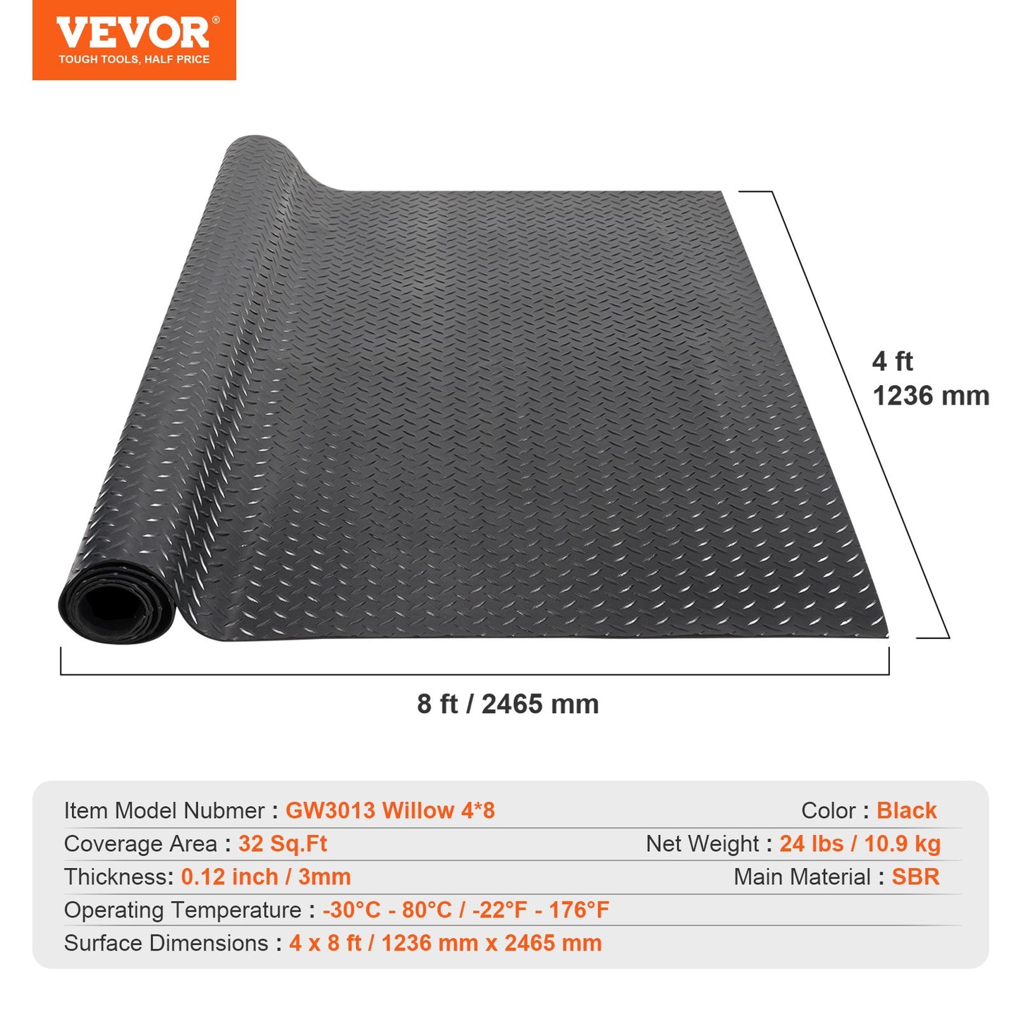 Diamond-Plate-Gummibodenrolle, 3 mm x 4 ft x 8 ft Garagenbodenmatte, SBR-Gummi-Garagenbodenrolle, leicht zu reinigen, Diamond-Plate-Gummimatte für unter Autos, Garagenindustrie-Fitnessstudio, schwarz