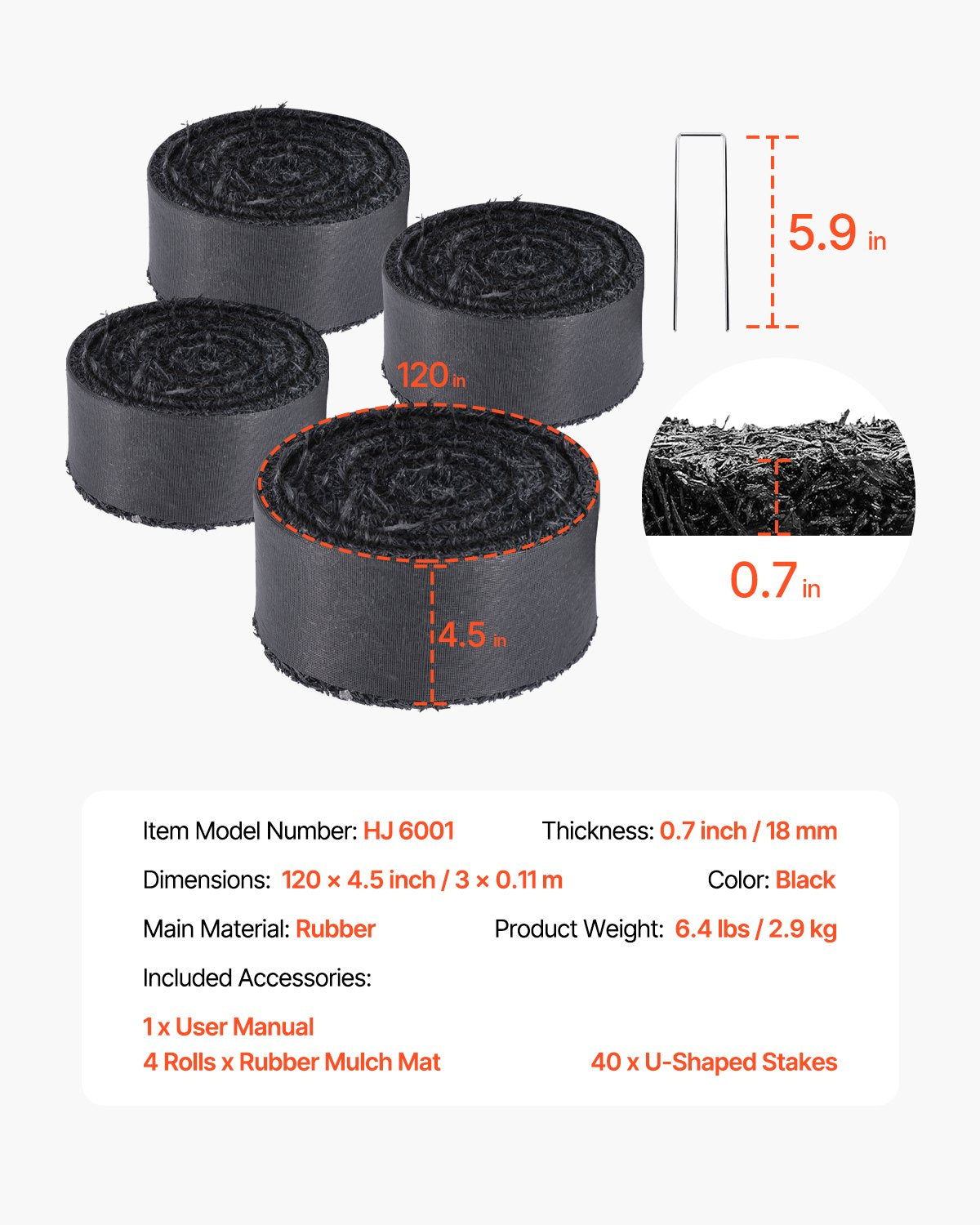 4 Rollen Gummimulchrolle für die Landschaftsgestaltung, 120 x 4,5 Zoll Gummimulchmatte