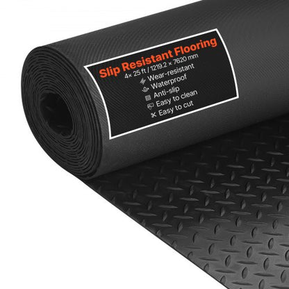 Garage Floor Roll, 4 x 25 ft Garage Flooring Mat, 3 mm Thickened Rubber Diamond Plate Floor Protector Mat, Non-Slip, Wear-resist, Waterproof, Easy to Clean for Warehouse, Gyms,Trailer, Black