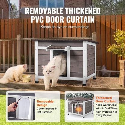 Outdoor Cat House Weatherproof, Feral Cat Shelter for Multiple Cats, Outdoor Wooden Cat Rabbit House with a Window, Open Roof and PVC Door Flaps, 24"L x 21"W x 18"H